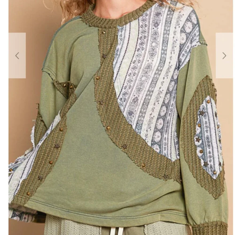 156. Long Sleeve Regular fit top in french terry with knit patch stud point - Picture 2 of 5